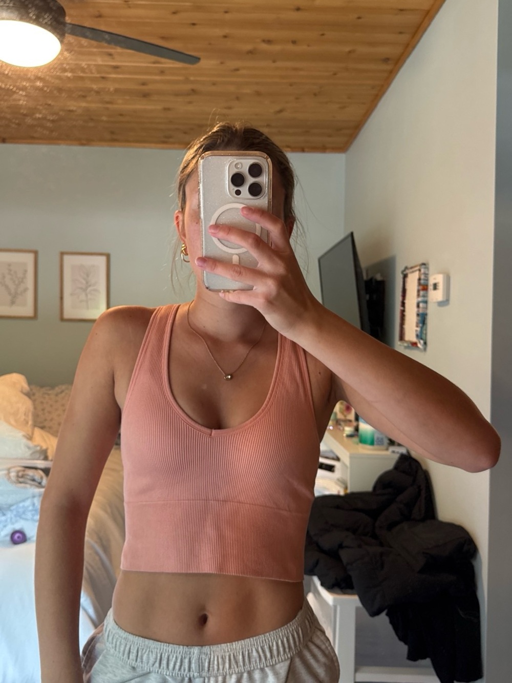 Ribbed Scoop Crop Tank Top - Peach